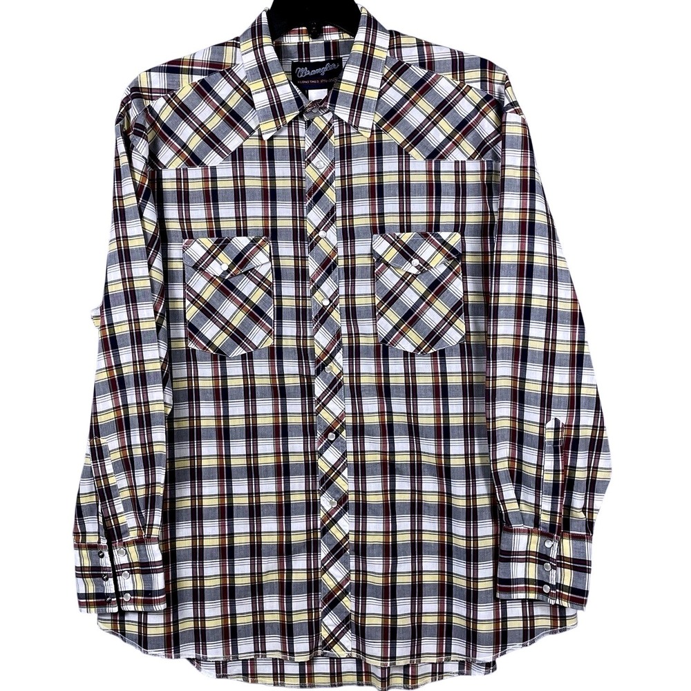Vintage Wrangler Shirt XL Mens XL Tails Red Blue Plaid Pearl Snap Western